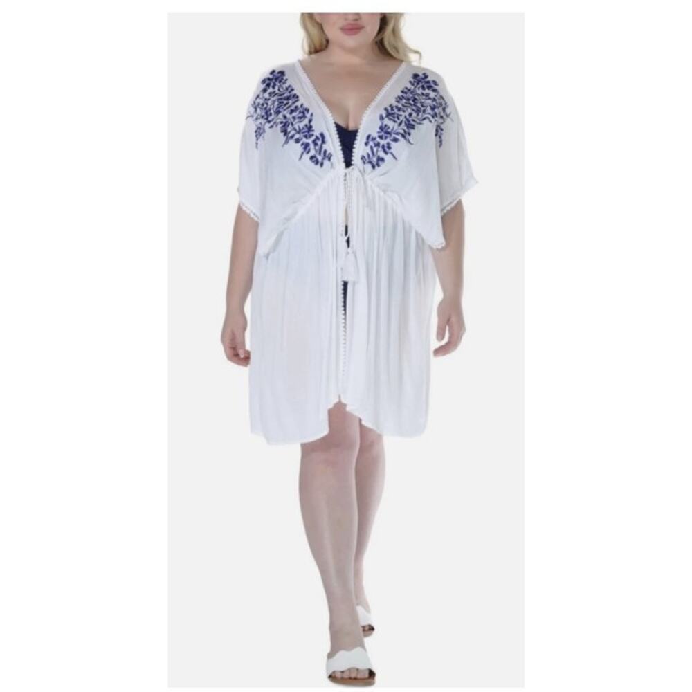 Ravyia Plus Size Tie-Waist Embroidered Cover-up Dress, White/blue, 2X, MSRP $58